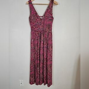 Boden SZ4 Maxi Babydoll Dress Pink Paisley Pockets Shirred Waist Stretch